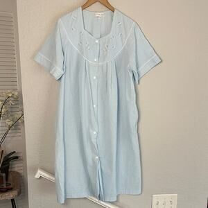 Miss Elaine Blue Seersucker Nightie Dress Housecoat Snap Front Grandma Size XL
